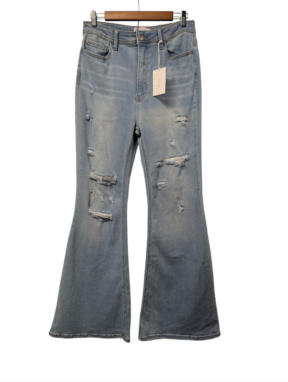 Cello Women High Rise Flare Jeans Size 13 NWT Light Wash Distressed Bell Bottom